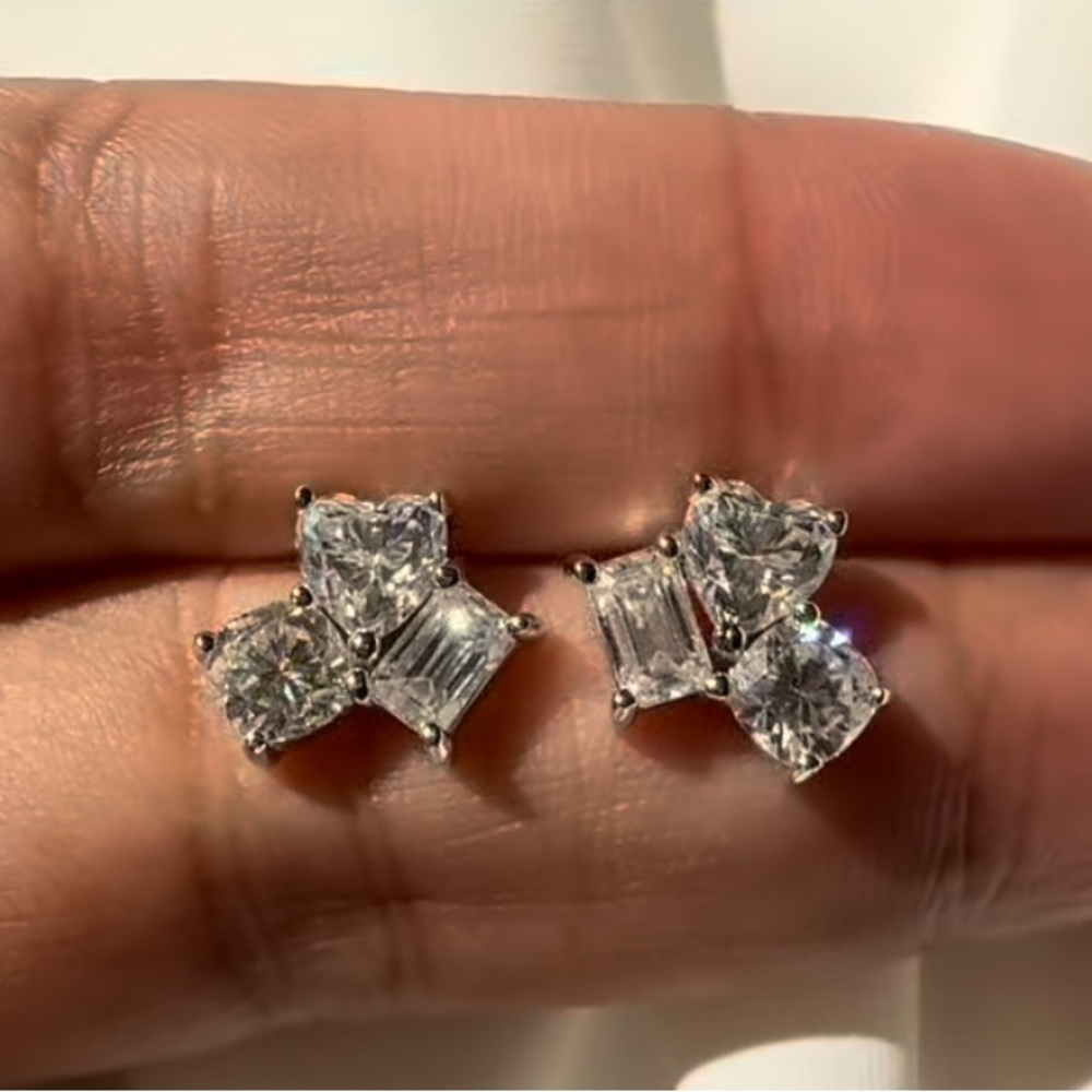 Moissanite Trio Cluster Stud Three Stone Multi Shape Earrings PT950